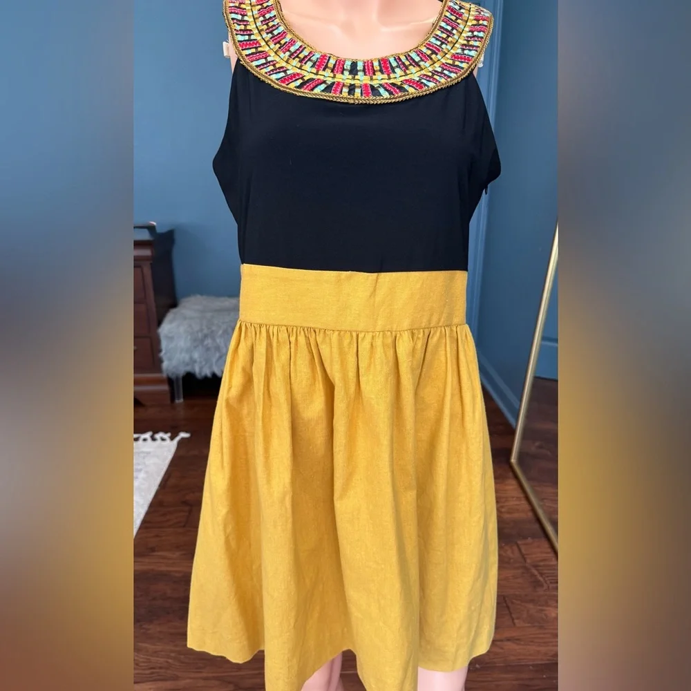 Boho Beaded Neck Dress Mustard Black Colorblock Sleeveless Size 10 - Picture 2 of 7